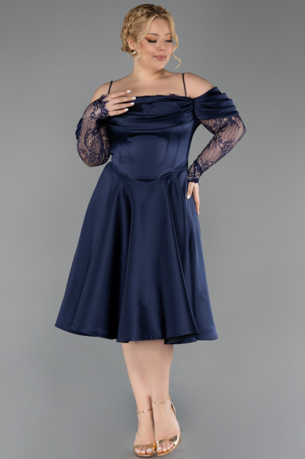 Robe De Invitation Grande Taille Midi Satin Bleu Marine ABK2652