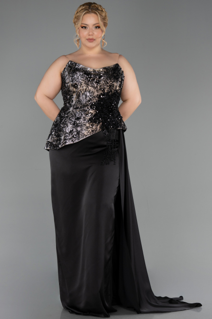 Robe Grande Taille Longue Satin Noir ABU6304