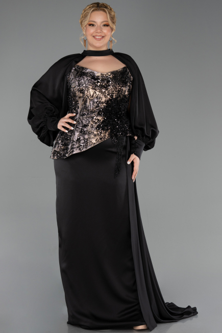 Robe Grande Taille Longue Satin Noir ABU6304