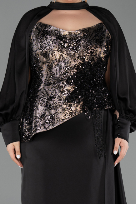 Robe Grande Taille Longue Satin Noir ABU6304