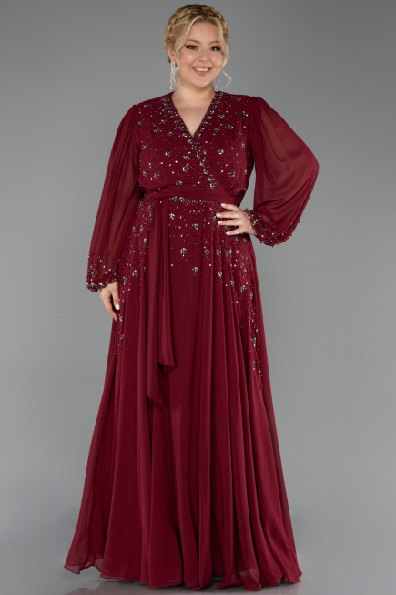 Robe De Soirée Grande Taille Mousseline Longue Rouge Bordeaux ABU3075