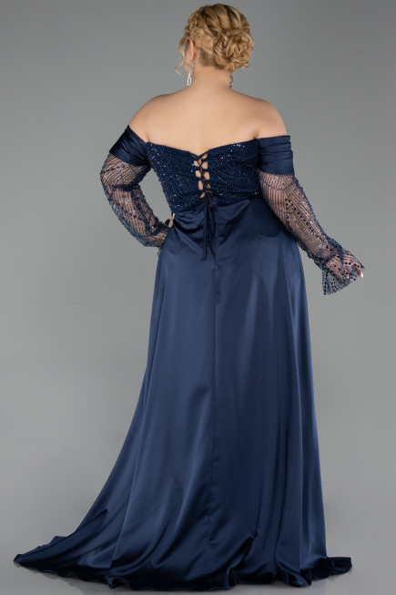 Robe De Soirée Grande Taille Longue Perlé Bleu Marine ABU6093