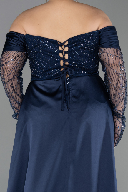 Robe De Soirée Grande Taille Longue Perlé Bleu Marine ABU6093