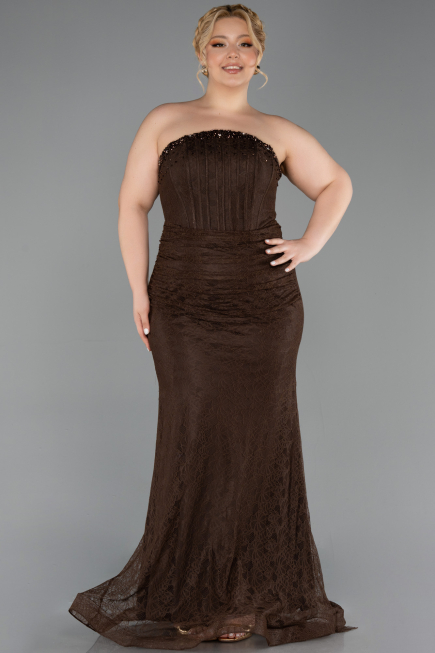 Robe de Soirée Grande Taille Longue Dantelle Brun ABU6280