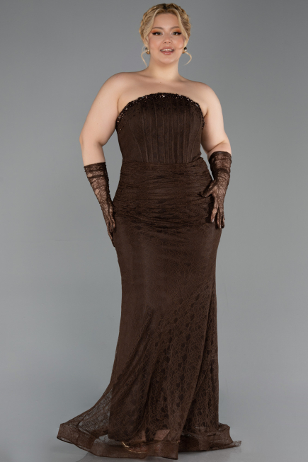Robe de Soirée Grande Taille Longue Dantelle Brun ABU6280