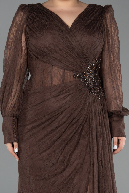Robe De Soirée Grande Taille Longue Dantelle Brun ABU6283