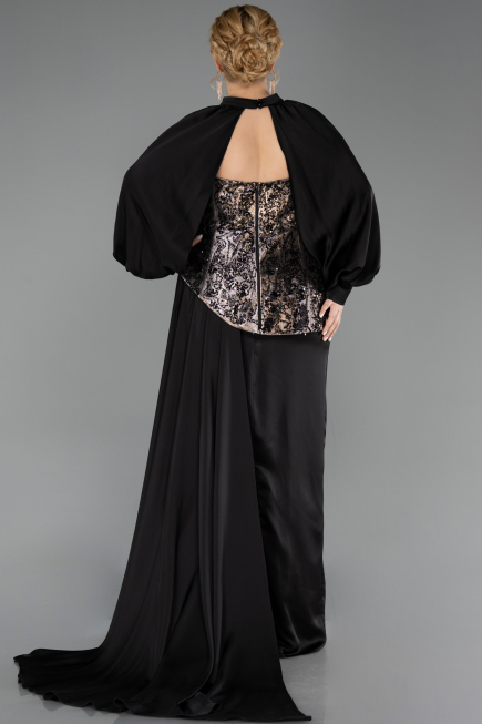 Robe Grande Taille Longue Satin Noir ABU6304
