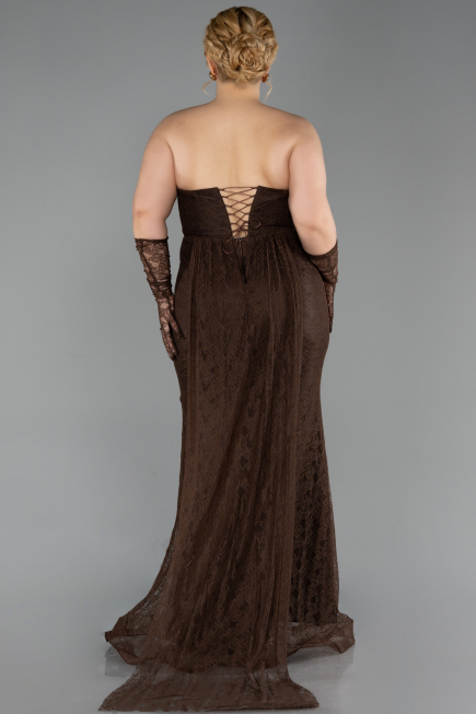 Robe de Soirée Grande Taille Longue Dantelle Brun ABU6280