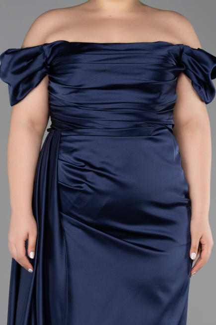 Robe De Soirée Grande Taille Satin Longue Bleu Marine ABU1626