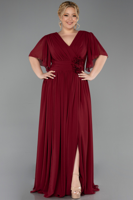 Robe De Soirée Grande Taille Longue Mousseline Rouge Bordeaux ABU6309