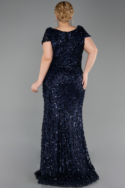 Robe De Soirée Grande Taille Longue Squameuse Bleu Marine ABU6282