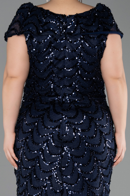 Robe De Soirée Grande Taille Longue Squameuse Bleu Marine ABU6282