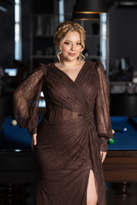 Robe De Soirée Grande Taille Longue Dantelle Brun ABU6283