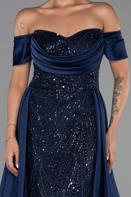 Robe de Soirée Longue Perlé Bleu Marine ABU6329