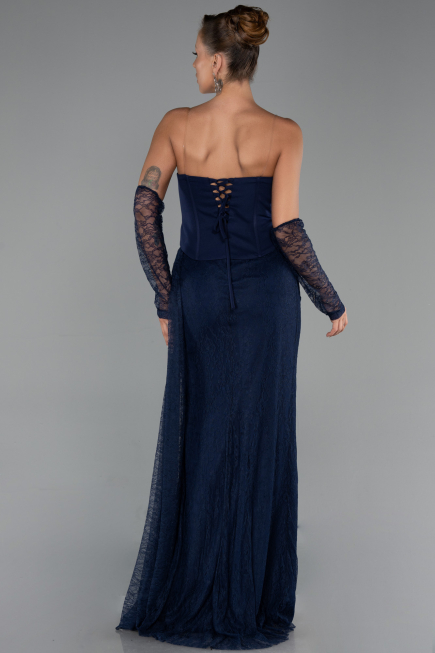 Robe de Soirée Longue Dantelle Bleu Marine ABU6319