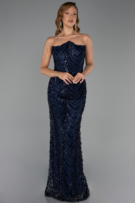 Robe de Soirée Grande Taille Longue Squameuse Bleu Marine ABU6328