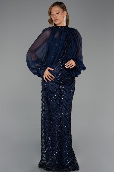 Robe de Soirée Grande Taille Longue Squameuse Bleu Marine ABU6328