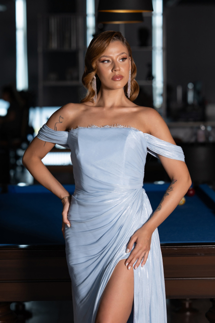 Robe De Soirée Mousseline Longue Bleu clair ABU5974