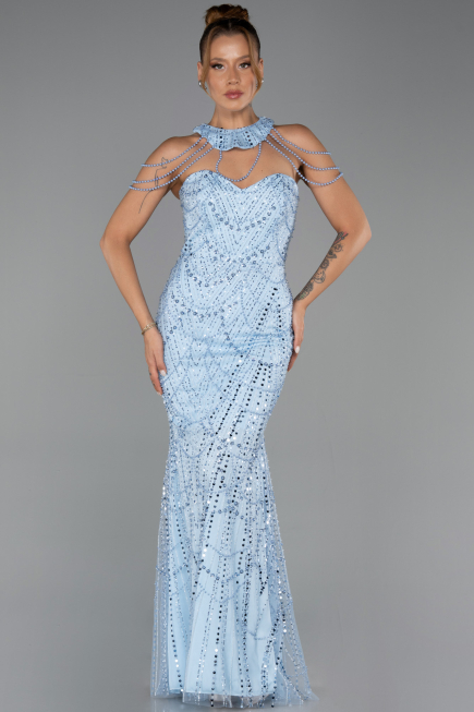 Robe de Soirée Longue Perlé Bleu clair ABU6073