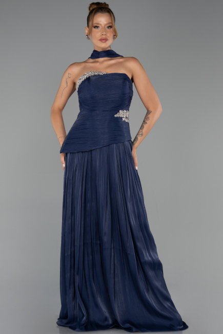 Robe de Soirée Longue Mousseline Bleu Marine ABU6335