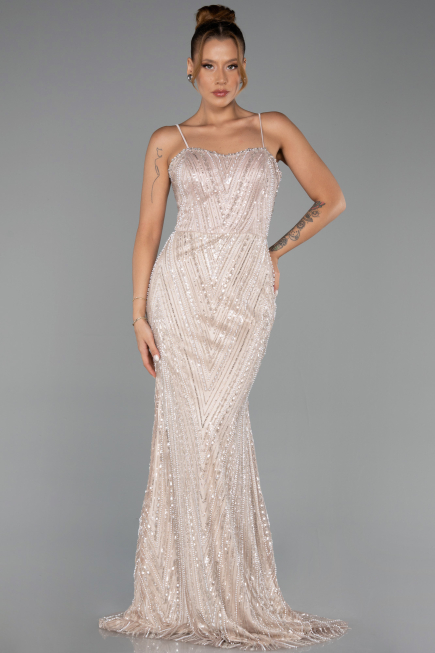 Robe de Soirée Longue Perlé Beige ABU5730