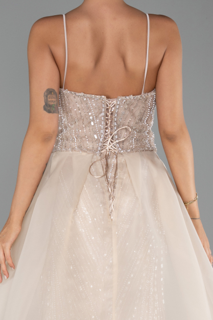 Robe de Soirée Longue Perlé Beige ABU5730
