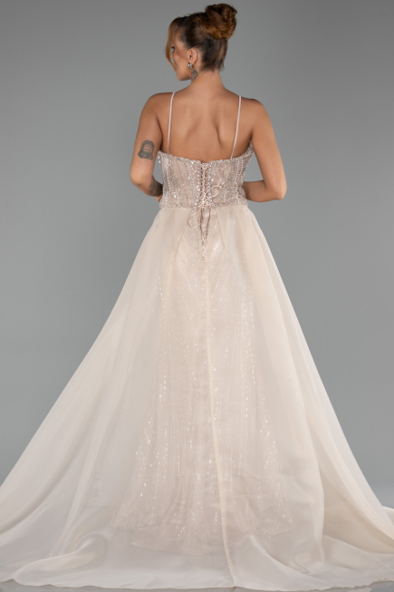 Robe de Soirée Longue Perlé Beige ABU5730