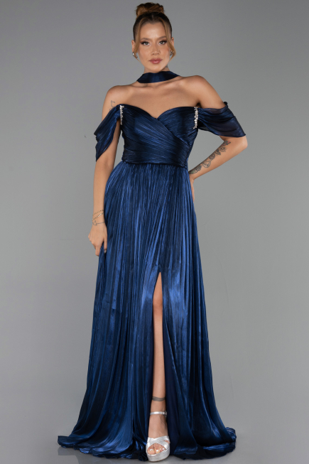 Robe de Soirée Longue Mousseline Bleu Marine ABU6342
