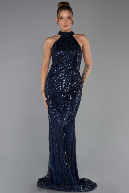 Robe de Soirée Longue Perlé Bleu Marine ABU6348