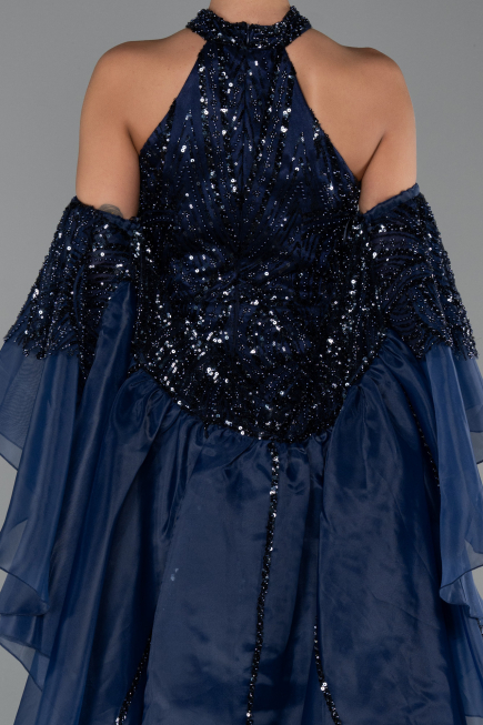 Robe de Soirée Longue Perlé Bleu Marine ABU6348