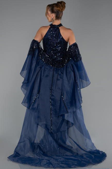 Robe de Soirée Longue Perlé Bleu Marine ABU6348