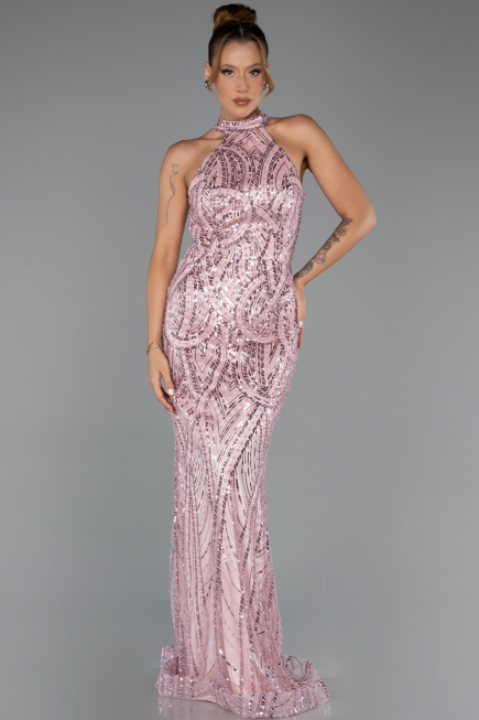 Robe de Soirée Longue Perlé Poudre ABU6348