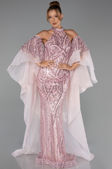 Robe de Soirée Longue Perlé Poudre ABU6348