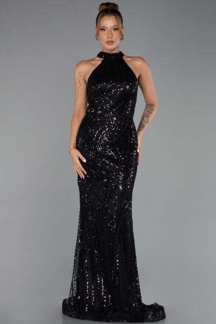 Robe de Soirée Longue Perlé Noir ABU6348