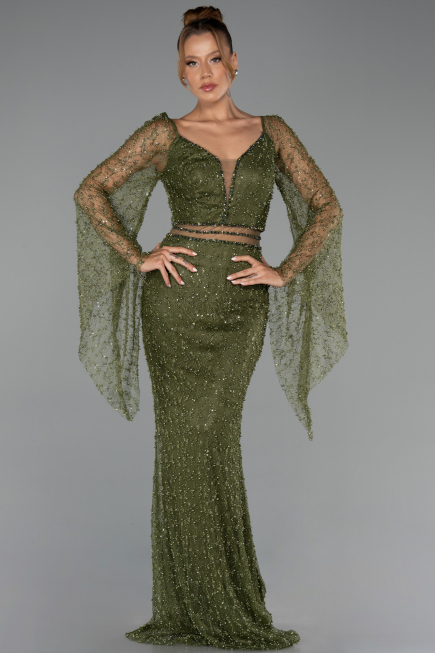 Robe de Soirée Longue Perlé Kaki ABU6349