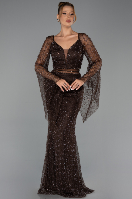 Robe de Soirée Longue Perlé Brun ABU6349