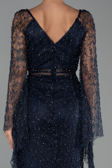 Robe de Soirée Longue Perlé Bleu Marine ABU6349