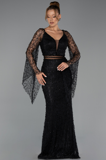 Robe de Soirée Longue Perlé Noir ABU6349