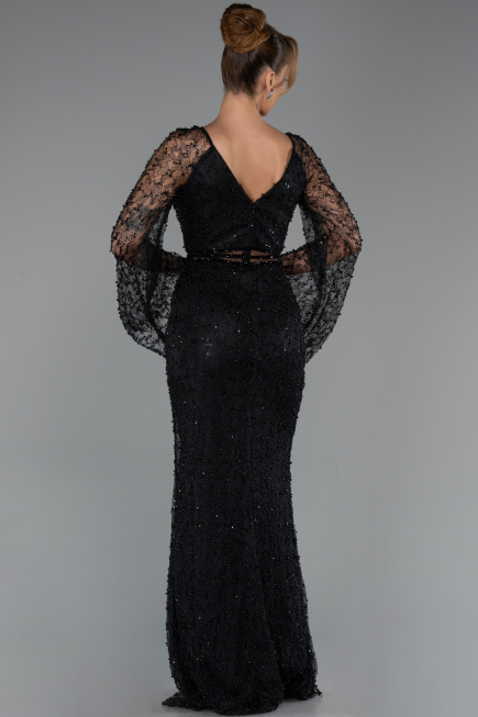 Robe de Soirée Longue Perlé Noir ABU6349