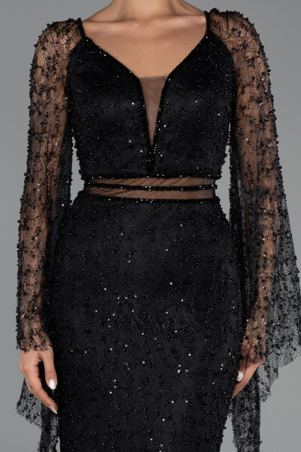 Robe de Soirée Longue Perlé Noir ABU6349