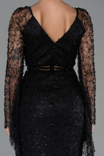 Robe de Soirée Longue Perlé Noir ABU6349