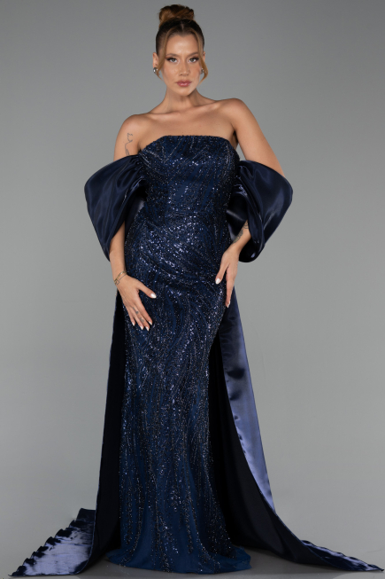 Robe de Soirée Longue Perlé Bleu Marine ABU6351