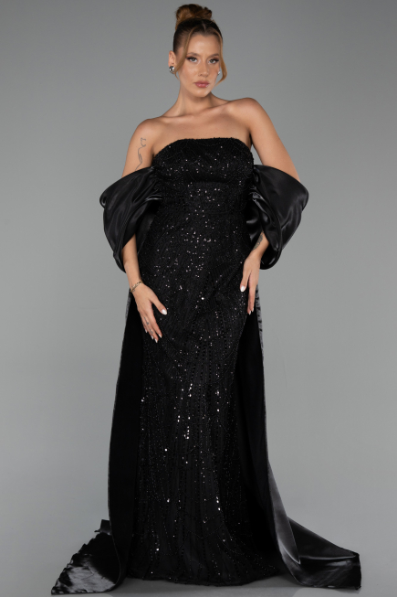 Robe de Soirée Longue Perlé Noir ABU6351