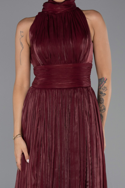 Robe de Soirée Longue Mousseline Rouge Bordeaux ABU6352