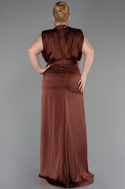 Robe Grande Taille Satin Longue Brun Clair ABU2969