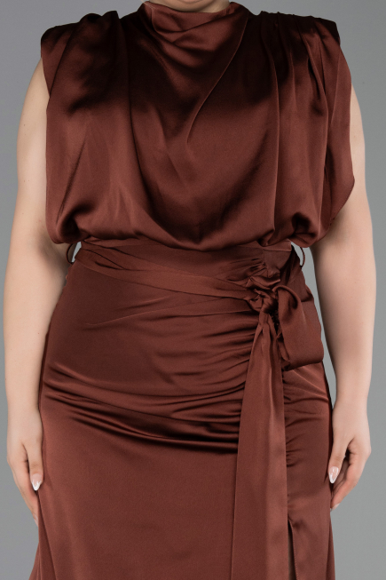 Robe Grande Taille Satin Longue Brun Clair ABU2969