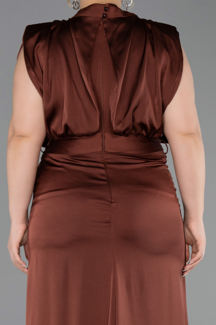 Robe Grande Taille Satin Longue Brun Clair ABU2969
