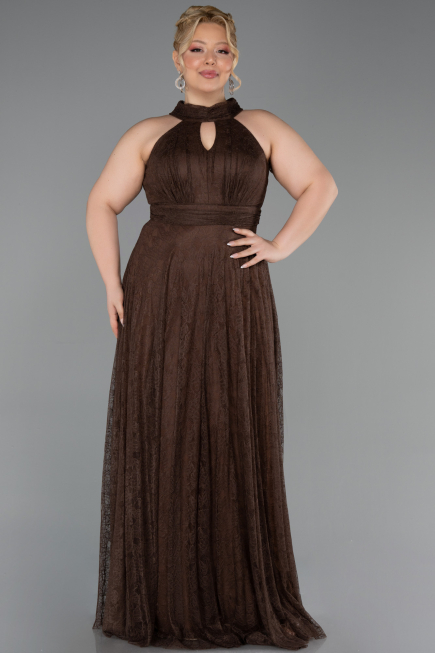 Robe de Soirée Grande Taille Longue Dantelle Brun ABU6330