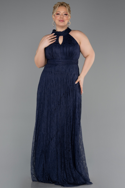 Robe de Soirée Grande Taille Longue Dantelle Bleu Marine ABU6330