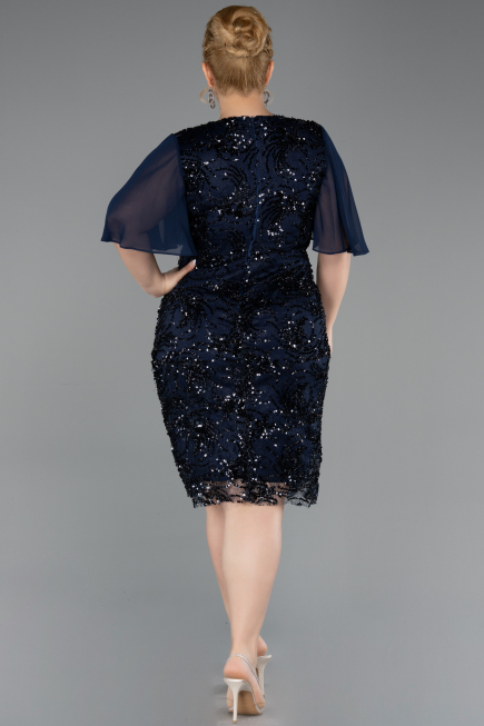 Robe De Invitation Grande Taille Midi Squameuse Bleu Marine ABK2666